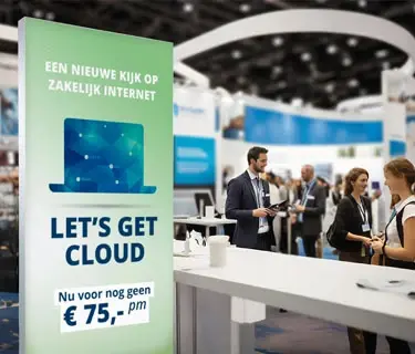 Beursstand met opvallend beursdrukwerk