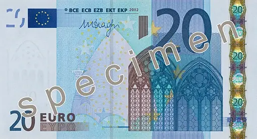 Oud 20 eurobiljet met specimen